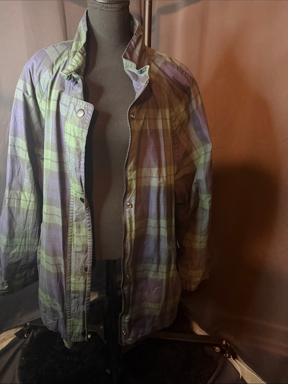 Men's Lightweight Plaid Shirt Jacket in Green and Purple